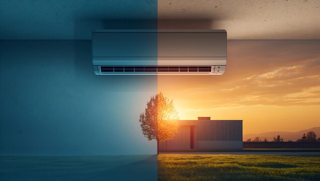 Split scene showing a split of a modern air conditioner mounted on a wall with a contrasting split of an outdoor house and tree during sunset