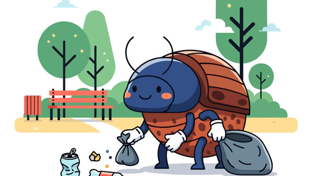 Cute cartoon beetle cleaning park, collecting trash, environmental awareness, vector illustration