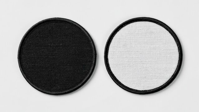 Black and white circular embroidered patches isolated on white background