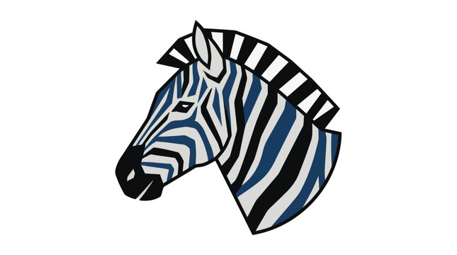 Stylized Zebra Head Icon, Blue and Black Stripes, Isolated on White Background