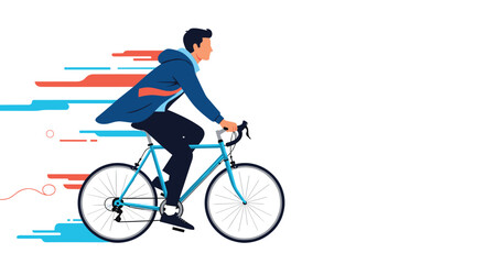 Fototapeta premium Man in a blue jacket riding a bicycle at high speed with colorful motion lines for fitness and eco-friendly transport concept.