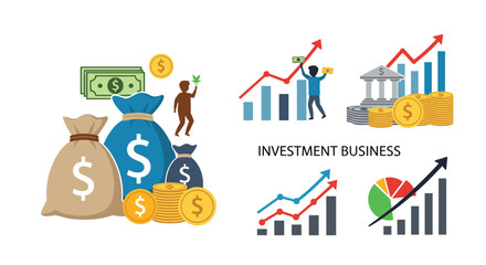 Naklejka premium Comprehensive investment business concept featuring money bags, gold coins, banking icons, and professional financial characters.