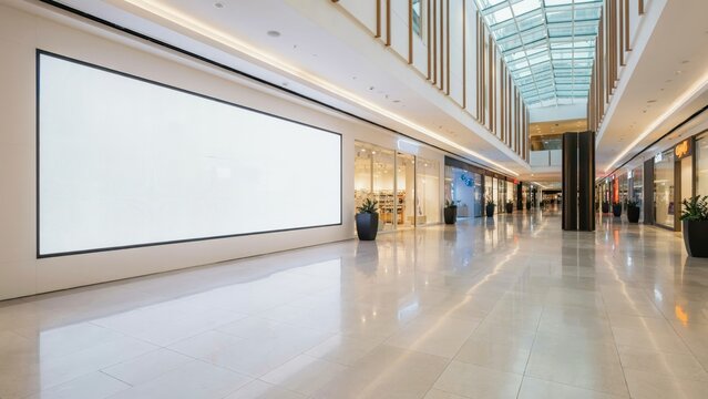 Large blank horizontal digital billboard mockup in a modern shopping mall interior