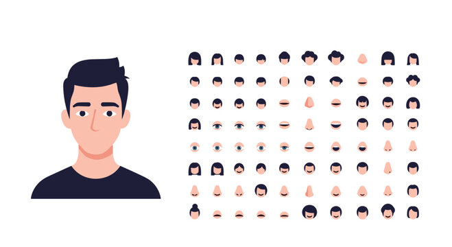 Male character creator kit for personalized avatar design including various hairstyles, facial features, and expression options.
