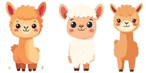 Naklejka premium Cute Alpaca Cartoon Character Set Collection of Adorable Llama Farm Animals Vector Illustration Isolated on Transparent Background