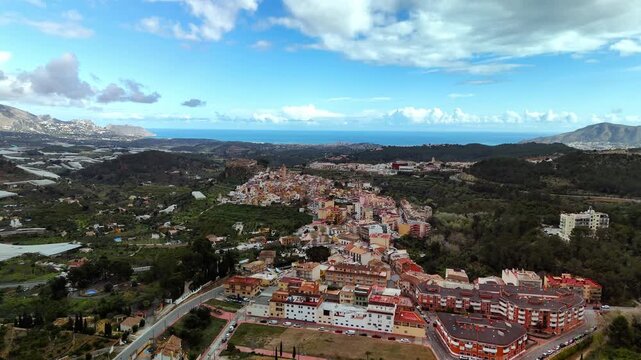 Aerial view of Polop town and historic castle, Costa Blanca, Spain