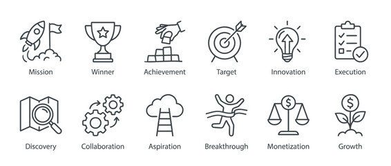 Fototapeta premium Business success and strategy line icon set illustrating concepts of mission, achievement, innovation, growth, and execution for corporate development and startup goals