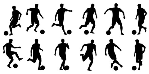 Soccer player action silhouette collection with football athletes running, kicking, dribbling and jumping poses © MSTROUJATOUS