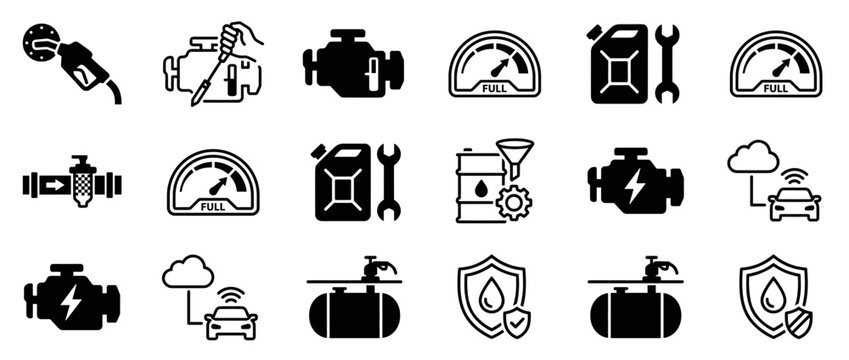 Collection of black glyph icons representing automotive fuel, car engine maintenance, and vehicle service symbols including a gas nozzle, oil can, full gauge, and electric motor