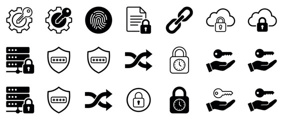 Fototapeta premium Collection of black cybersecurity icons representing digital protection, data privacy, and authentication, featuring glyph and outline symbols for lock, key, shield, and fingerprint