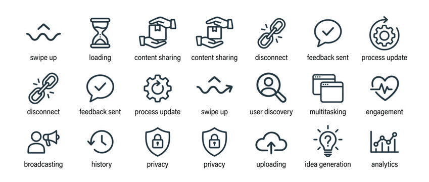 Collection of thin line business icons representing concepts like content sharing, privacy, analytics, and user engagement for web and mobile applications