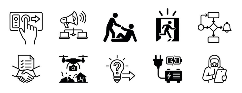 Collection of black emergency response icons representing disaster preparedness, safety protocols, rescue operations, and crisis management solutions in a clean pictogram set