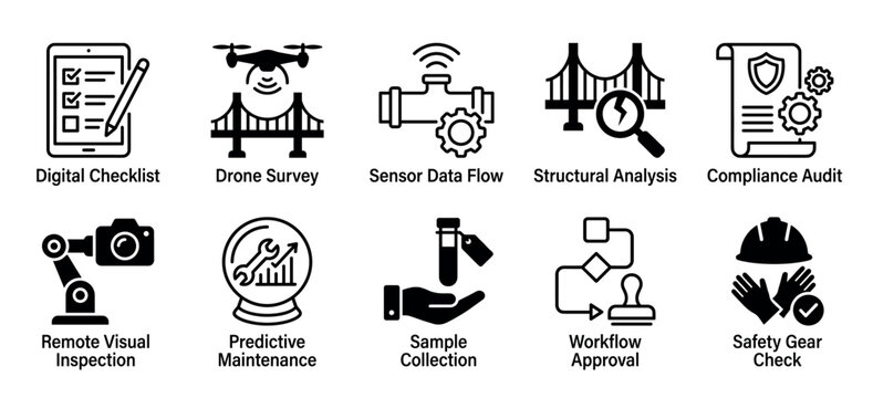 Set of black glyph icons representing industrial inspection, maintenance, and safety concepts like drone survey, predictive maintenance, and compliance audit in a minimalist vector style