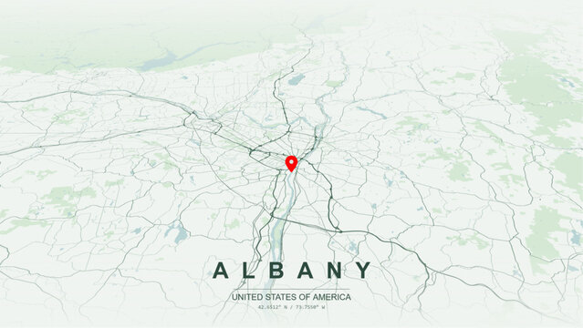Modern minimalist vector map of Albany, New York, USA. High-quality scalable illustration of Albany city grid, Hudson River waterfront axis, New York State Capitol for posters design.