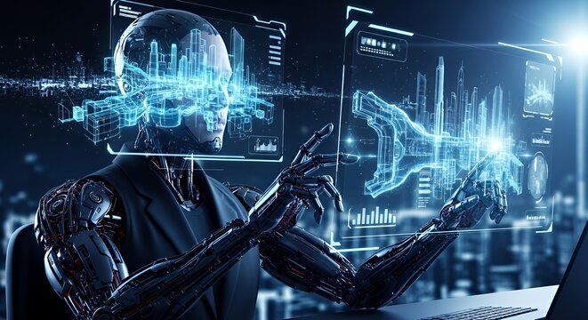 Futuristic Robot with Digital Data Interfaces in Dark Cityscape