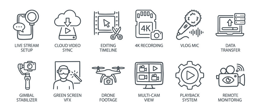 Set of video production and streaming icons in a minimal line art style, illustrating concepts like live setup, drone footage, editing timeline, gimbal stabilizer, and remote monitoring