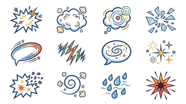 Collection of comic book style sound effect and speech bubble icons.