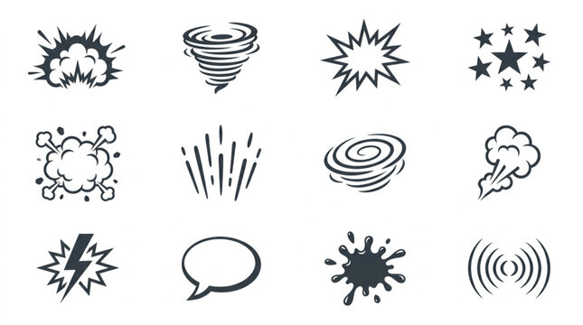 Collection of comic book style sound effect icons.