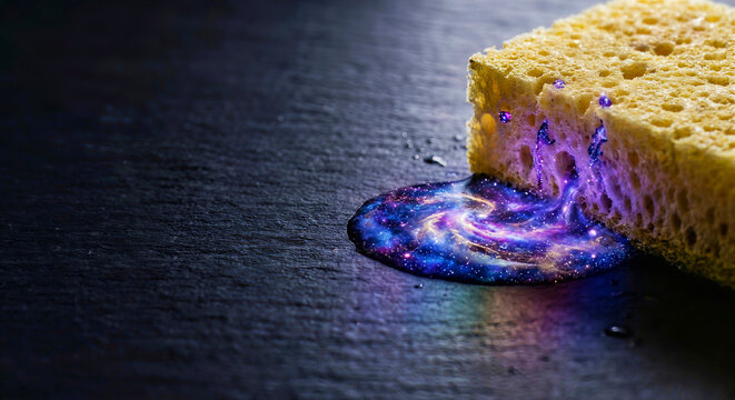 Surreal Yellow Kitchen Sponge Absorbing Glowing Purple Galaxy Dust on Dark Slate