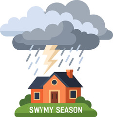 Fototapeta premium House Under Stormy Weather with Lightning Strike Illustration.
