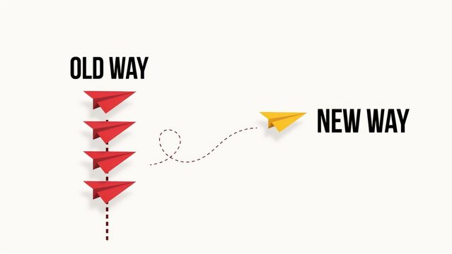 Yellow paper airplane breaking away from red ones, representing a new way versus old way on a light background