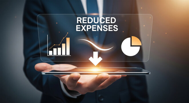 Reduced expenses business concept, businessman holding digital tablet with financial cost reduction icons, corporate budget optimization strategy