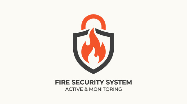 Vigilant fire security system logo with a protective shield enclosing a dynamic flame and a secure padlock, symbolizing active monitoring and safety