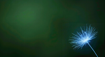 Fototapeta premium Glowing Bioluminescent Blue Dandelion Seed on Moody Forest Green Copy Space for Clean Energy Concept