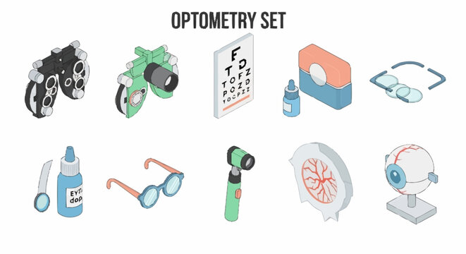 Set of isometric optometry equipment and tools for eye examination and vision care.