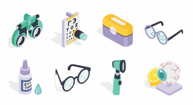 Collection of isometric icons representing optometry and eye care equipment, including an eye chart, glasses, and an ophthalmoscope.