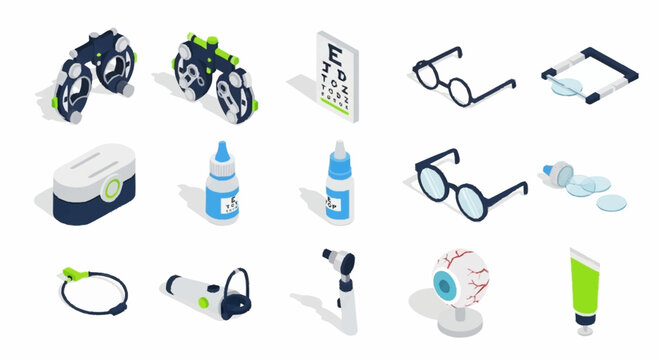 Collection of isometric medical equipment for eye examination and vision care, including phoropters, eye charts, glasses, and instruments.