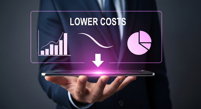 Lower costs business strategy concept, professional executive holding tablet with financial charts, budget reduction and expense management