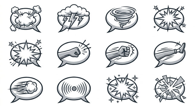Collection of comic book style speech bubble sound effects and action icons.