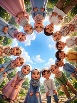 Cute Muslim Children Looking Down at Camera in Circle Formation Under Blue Sky