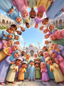 Adorable Muslim Family Gathering Around Camera with Joyful Expressions