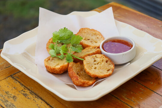 Basreng or baso goreng or fried meat ball with chili sauce.