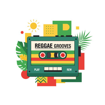 Retro Reggae Cassette Tape with Tropical Leaves and Geometric Shapes