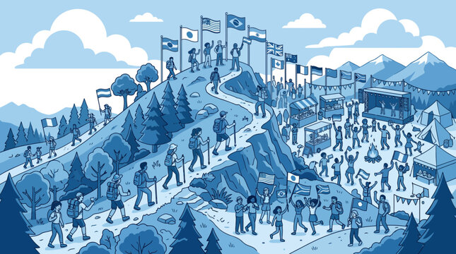 Diverse crowd celebrates summit victory atop mountain with flags and festival atmosphere