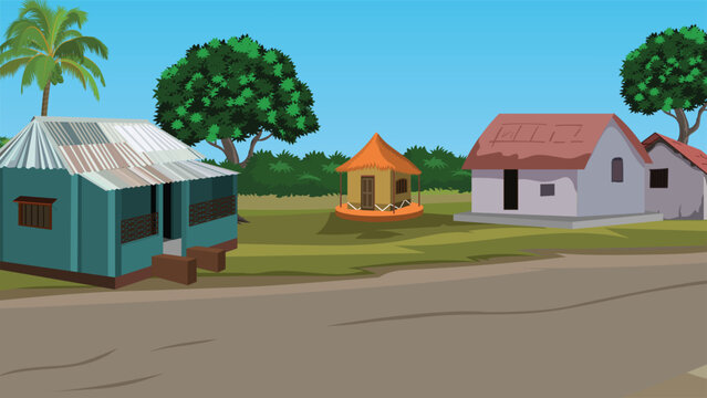 Traditional Indian Village Houses and Hay Rick with Countryside Dirt Road
