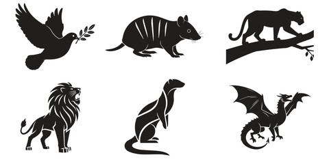 Animals Silhouette Bundle Dove Lion Dragon Panther Mongoose Vector Icons Set © Khilal