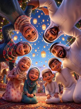 Adorable Muslim Family Gathering Around Camera with Joyful Expressions