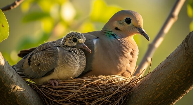 Mother mourning dove and fledgling in nest on a tree branch