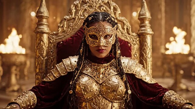 Majestic African Queen Wearing Ornate Golden Armor and Mask on Throne