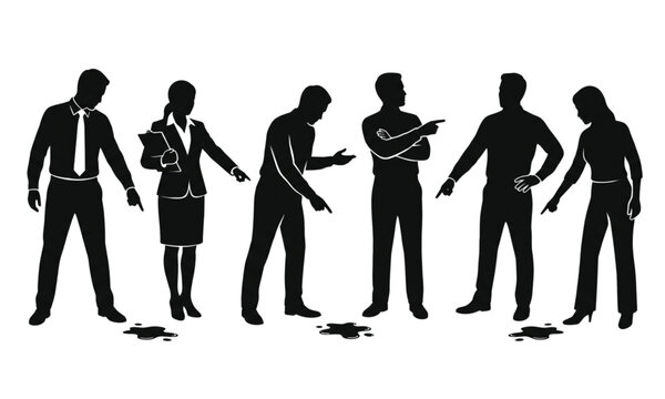 Black solid restaurant manager pointing at spill silhouettes vector set isolated on white