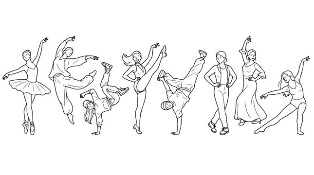 Minimalist line art dancers, set of 8 diverse dance styles vector illustrations, black and white outline of ballet and hip hop performers