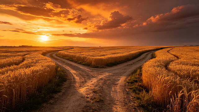 wheat. A forked dirt road through golden wheat fields under a dramatic sunset sky. inspiring travel planning, travel magazines, designed for travel destination branding.