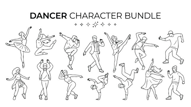 Dancer character bundle with 14 line art icons, minimalist dancing people vector set, modern ballet and street dance performer silhouettes