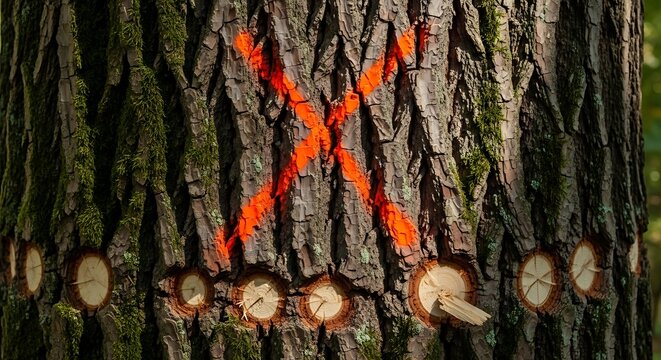 Orange cross mark and felling incisions on a pine tree trunk
