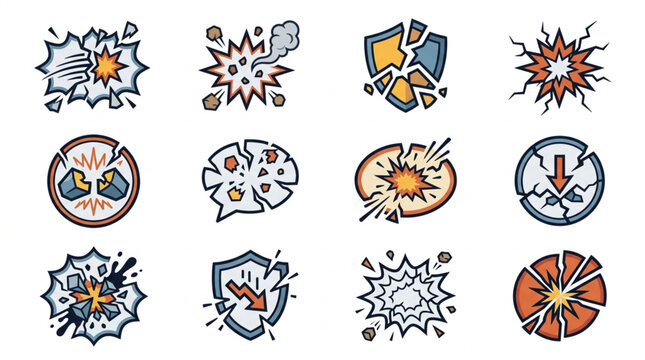 Collection of comic style explosion and impact icons.