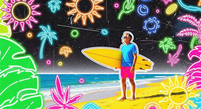 Surfer holding a yellow surfboard on a tropical beach. Creative collage with neon doodles of sun and palm trees on a starry sky background. Summer vacation concept